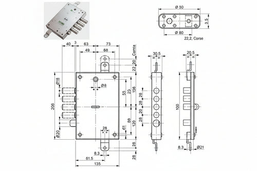 Serratura Triplice Applicare Con Scrocco Dm Blindate 52571/28 Mm.63 Dx (52571Romd 36) Mottura