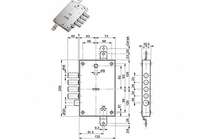 Serratura Triplice Applicare Con Scrocco Dm Blindate 52571/28 Mm.63 Sx (52571Roms 36) Mottura