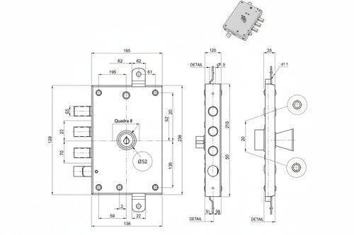 Serratura Triplice Applicare Con Scrocco Dm Blindate 52571/37 Mm.63, Sx (52571Roms1 36) Mottura