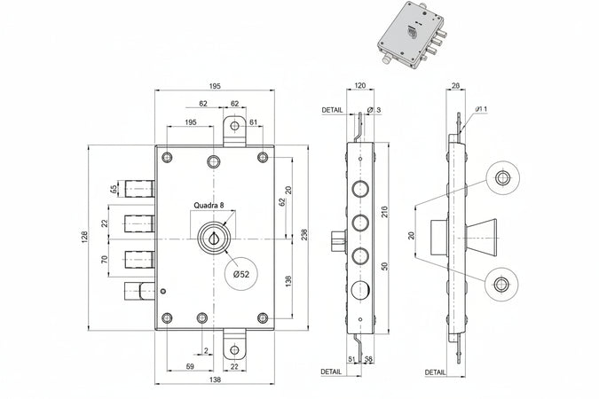 Serratura Triplice Applicare Con Scrocco Dm Blindate 52571/37 Mm.63, Sx (52571Roms1 36) Mottura
