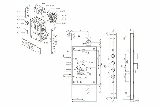 Serratura Triplice Infilare Con Scrocco Cil. Europeo Blindate 85771/37- - Mm.63 Sx (85771D37N) - Mottura