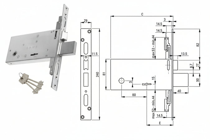 Serratura Tripl. Infil. Per Fasce D/Mappa Caten. E Scr. Mm.81 H F6873 Mm.90 (F6893) Nuova Feb