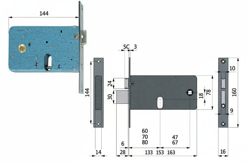 Serratura Da Infilare Per Fasce Catenaccio E Scrocco Mm.78 H 870 Mm.60 Interasse Mm.47 (370) Omec