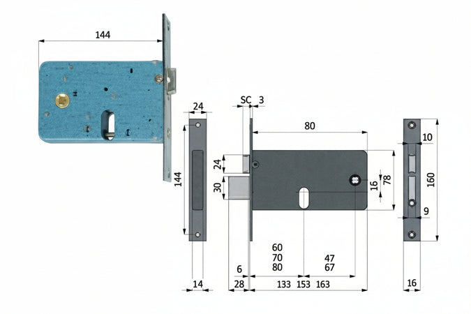 Serratura Da Infilare Per Fasce Catenaccio E Scrocco Mm.78 H 870 Mm.80 Interasse Mm.67 (870) Omec