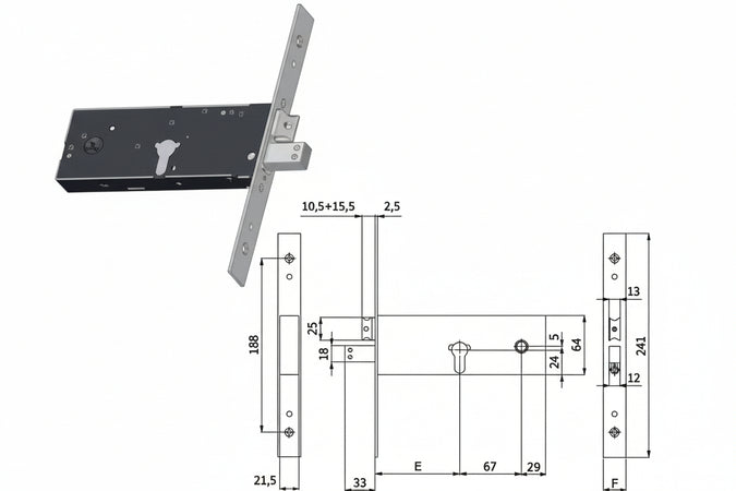 Serratura Da Infilare Per Fasce Catenaccio E Scrocco Mm.64 H 1940 Mm.90 Interasse Mm.67 (1940) Omec