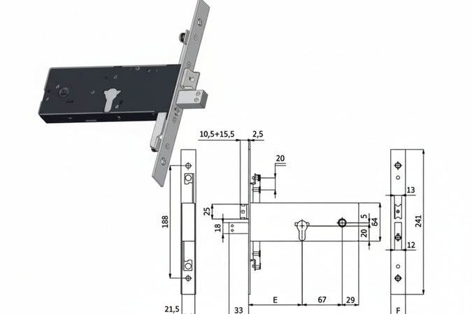 Serratura Triplice Infilare Per Fasce Catenaccio E Scrocco Mm.64 H Mm.110 Interasse Mm.67 (11170) Omec