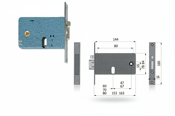 Elettroserratura Infilare Per Fasce Catenaccio E Scrocco Mm.84 H Mm.60 Interasse Mm.47 (377) Omec