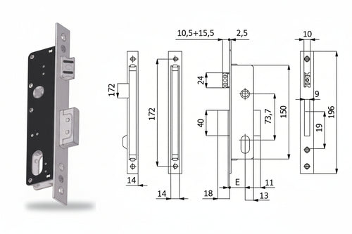 Serratura Da Infilare Per Montanti Catenaccio E Scrocco 540 Mm.30 Interasse Mm.73,7 (540) Omec