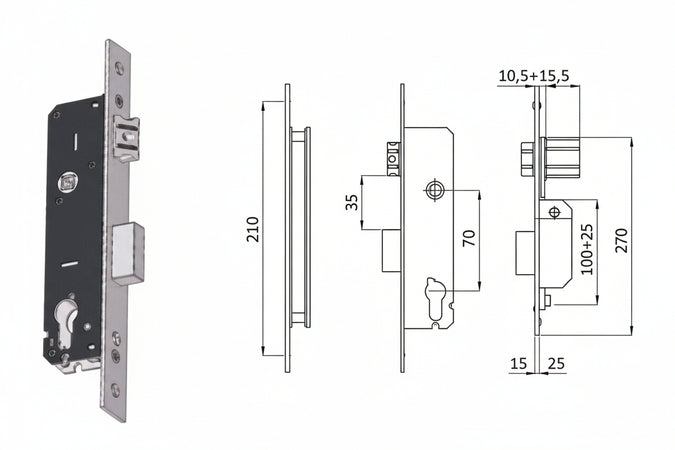 Serratura Da Infilare Per Montanti Catenaccio E Scrocco 1300 Mm.35 Interasse Mm.85 (1300.35.22) Omec