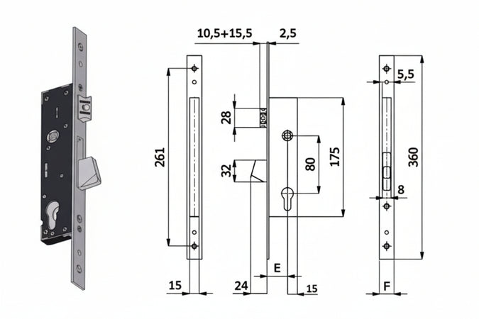 Serratura Da Infilare Per Montanti Catenaccio E Scrocco 1400S Mm.30 Interasse Mm.85 (1400S.30.25) Omec