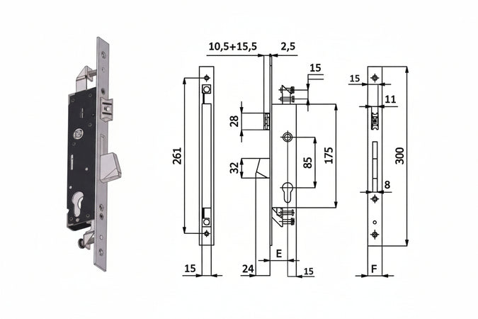 Serratura Triplice Infil. Per Montanti Catenaccio E Scrocco 1410S Mm.35 Interasse Mm.85 (1410S.35.25) Omec