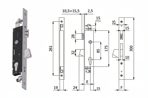 Serratura Triplice Infil. Per Montanti Catenaccio E Scrocco 1410 Mm.25 Interasse Mm.85 (1410.25.25) Omec