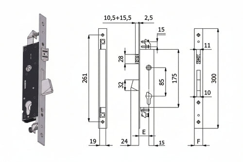 Serratura Triplice Infil. Per Montanti Catenaccio E Scrocco 1410 Mm.35 Interasse Mm.85 (1410.35.35) Omec
