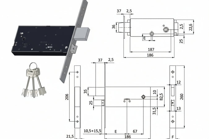 Serratura Da Infilare Per Fasce Doppia Mappa Cat. E Scr Mm.82,5 H 5930 Mm.90 Interasse Mm.67 (5930) Omec