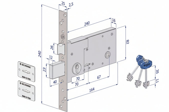 Serratura Da Infilare Per Fasce Doppia Mappa Mm.82 H 2010 Mm.70 (2010Uzb70Xxab3) Securemme