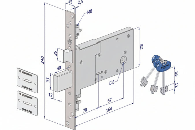Serratura Triplice Da Infilare Per Fasce Doppia Mappa Mm.82 H 2008 Mm.70 Securemme