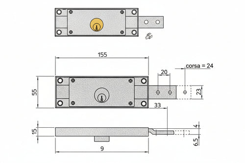 Serratura Per Serranda Laterale Cilindro Fisso Tondo- - Dx Mm.155X15X55H. (8232.9) - 2 Pezzi Viro