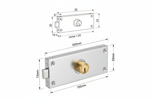Serratura Cilindro Fisso Tondo Centrale 8231- - Mm.155X15X55H. Dotazione 2 Chiavi (8231.9) - 2 Pezzi Viro