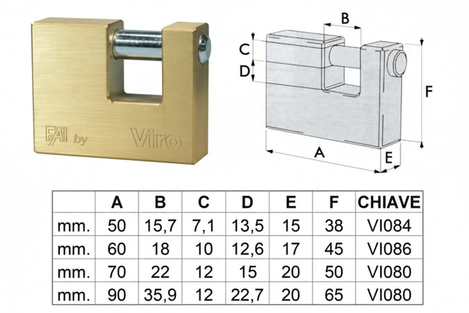 Lucchetto Rettangolare In Ottone Fai By Viro Mm.90 (Art.507) Viro