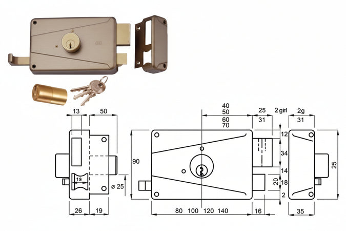 Serratura Da Portoncino Catenaccio E Scr. Doppio Cilindro Fisso 310 Mg Mm.70 Dx Tre Mandate (310/Mg) Wally