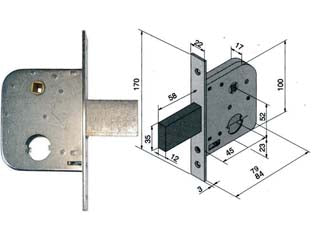 Serratura Da Infilare Per Cancelli Con Quadro Catenaccio E Scrocco 075 Mm.45 Con Catenaccio Da Mm.58 (07545000) Welka