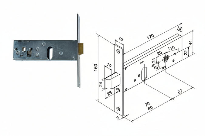 Serratura Da Infilare Per Fasce Catenaccio E Scrocco Mm.44 H 130 Mm.60 (13060010) Welka