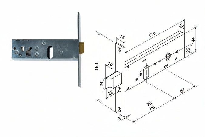 Serratura Da Infilare Per Fasce Catenaccio E Scrocco Mm.44 H 130 Mm.80 (13080010) Welka