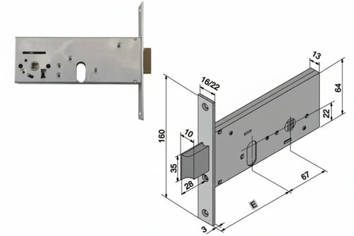 Serratura Da Infilare Per Fasce Catenaccio E Scrocco Mm.64 H 133 Mm.60 (13360010) Welka