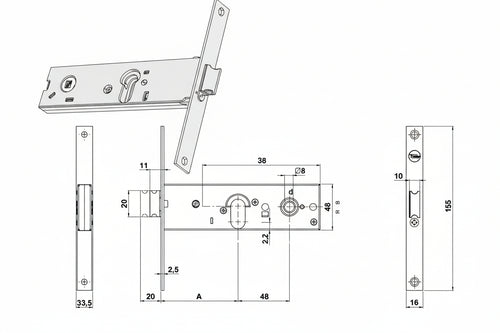 Serratura Da Infilare Per Fasce Catenaccio E Scrocco Mm.44 H 87000 Mm.58 A 1 Mandata (Y8700058080) Yale