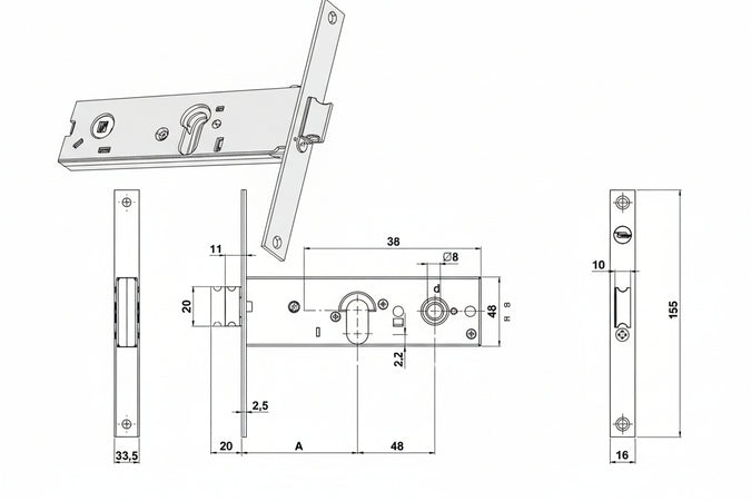 Serratura Da Infilare Per Fasce Catenaccio E Scrocco Mm.44 H 87000 Mm.58 A 1 Mandata (Y8700058080) Yale
