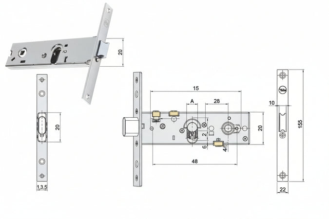 Serratura Da Infilare Per Fasce Catenaccio E Scrocco Mm.44 H 87500 Mm.58 A 1 Mandata (Y8750058080) Yale