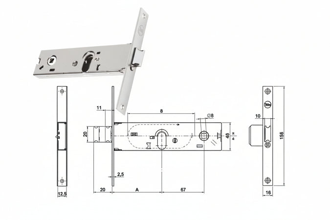 Serratura Da Infilare Per Fasce Catenaccio E Scrocco Mm.44 H 87002 Mm.80 A 2 Mandate (Y8700280080) Yale