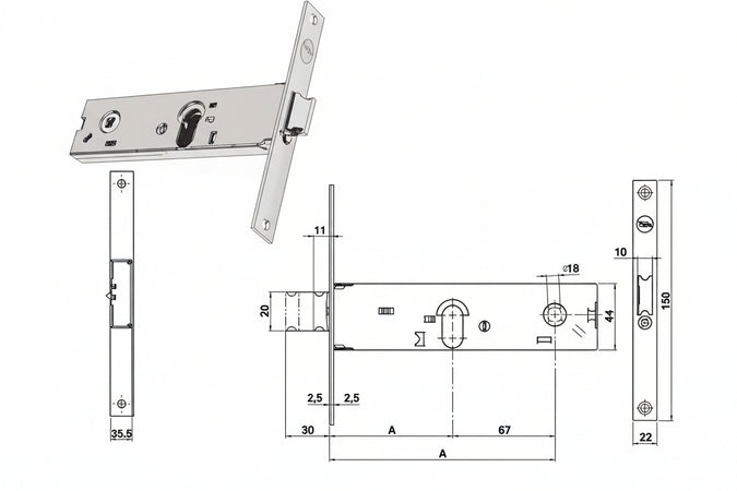 Serratura Da Infilare Per Fasce Catenaccio E Scrocco Mm.44 H 87502 Mm.80 A 2 Mandate (Y8750280080) Yale