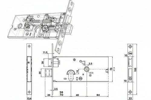 Serratura Da Infilare Per Fasce Catenaccio E Scrocco Mm.78 H 86500 Mm.58 A 2 Mandate (Y8650058080) Yale