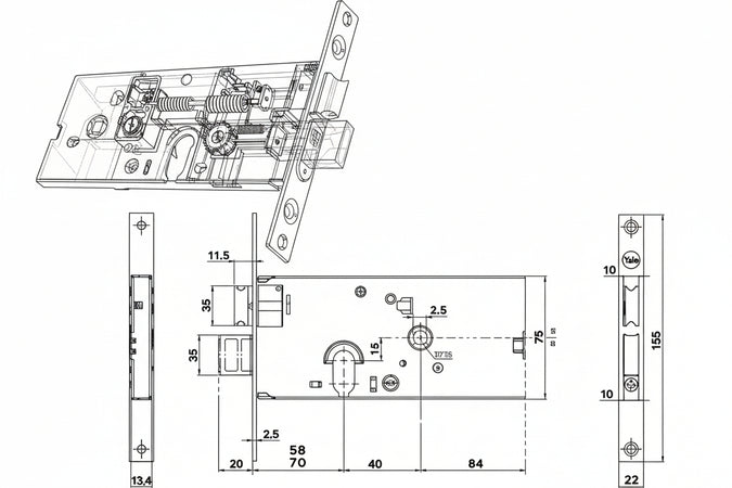 Serratura Da Infilare Per Fasce Catenaccio E Scrocco Mm.78 H 86500 Mm.58 A 2 Mandate (Y8650058080) Yale