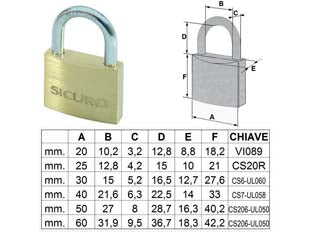 Lucchetto Tipo Pesante Ottone Arco Normale- - Mm.40 - 6 Pezzi Quality