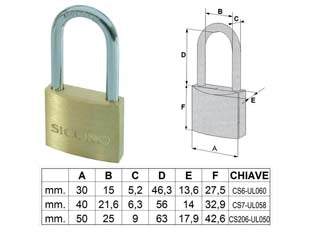 Lucchetto Ottone Arco Lungo- - Mm.40 - 6 Pezzi Quality