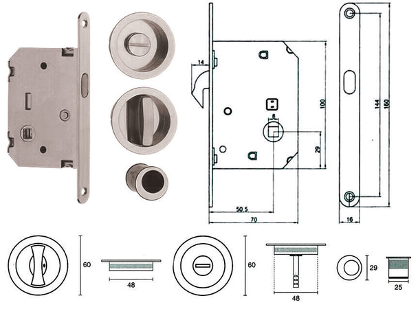 Serratura Infilare Per Porte Scorrevoli B. Tondo Cr. Satinato E0262N51 Mm.50 Frontale Con Incontro Cromo Sat. Telese