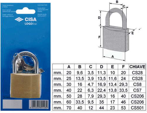 Lucchetto Logo Ottone Arco Normale In Blister 21090- - Mm.40 (Art.21090400) - 6 Blister Cisa