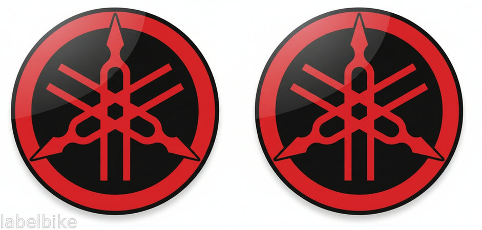 2 ADESIVI in RESINA 3D YAMAHA DIAPASON per MOTO e SCOOTER diam. 50 mm Nero-ROSSO