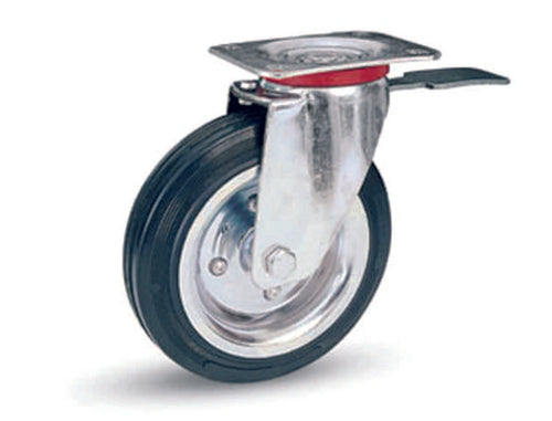 Ruote Industriali In Gomma Con Piastra Girevole E Freno 80Bis Ø Mm.140X37 Piastra Mm.115X85 176H. P. Kg.115 Avo