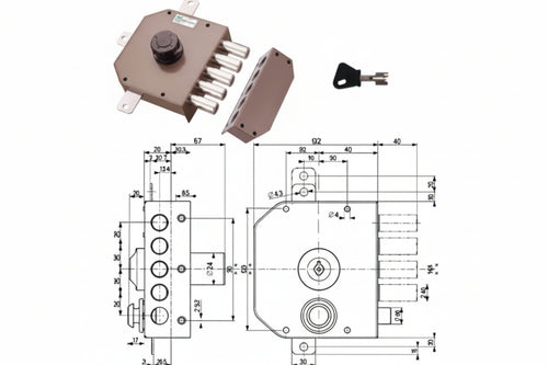 Serratura Quintuplice Applicare S/Scrocco Con Pomolo A Pompa 30641- - Mm.60 Sx Cilindro Ø Mm.30 (30641Vs60J) - 1 Pezzi Mottura