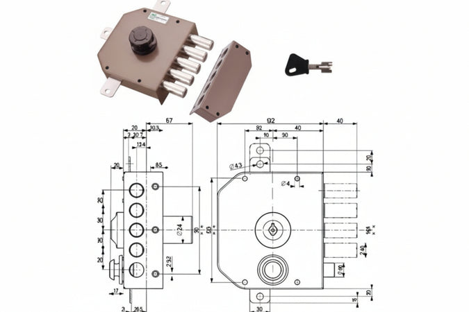 Serratura Quintuplice Applicare S/Scrocco Con Pomolo A Pompa 30641- - Mm.60 Sx Cilindro Ø Mm.30 (30641Vs60J) - 1 Pezzi Mottura