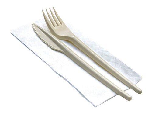 Bis Posate Biocompostabili + Tovagliolo- - Color Avorio - Tovagliolo Cm.33X33 - 100 Confezione Dopla