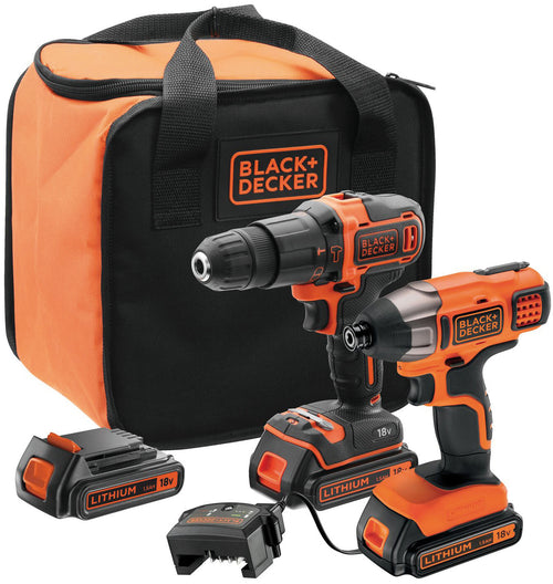 Black+Decker Kit Trapano Avvitatore Percussione+Avvitatore Imp. Bck21S2S-Qw 18V 2 Batterie 1,5 Ah