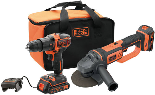 Black+Decker Kit Trapano Avvitatore Percussione+Smerigliatrice Bck24D2S-Qw 18V 2 Batterie 2,0 Ah