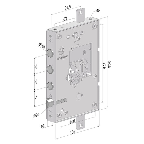 Serratura Da Applicare Triplice Per Porte Blindate Senza Nucleo '250' Interasse Pistoni 37 Mm - Dx - Securemme