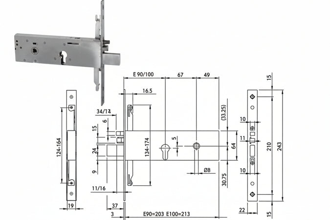 Elettroserratura Triplice Da Infilare Per Fascia Cil.Eu. Mm.64 H 96392 Mm.90 (963920902) Iseo