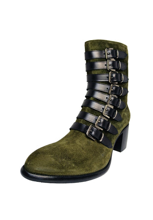 ROCCO P Scarpe Donna Rocco P Stivaletto in camoscio verde-dettaglio otto cinturini e tacco basso squadrato da donna