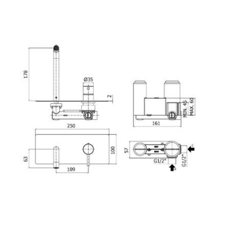 Rubinetto Miscelatore Monocomando Per Lavabo Incasso 2 Fori Con Bocca A Muro Serie Stick 1/2 Rubinetteria Paffoni Spa